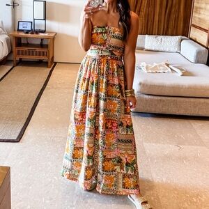 Tropical flowery dress, strapless, beautiful smocking on back, so pretty